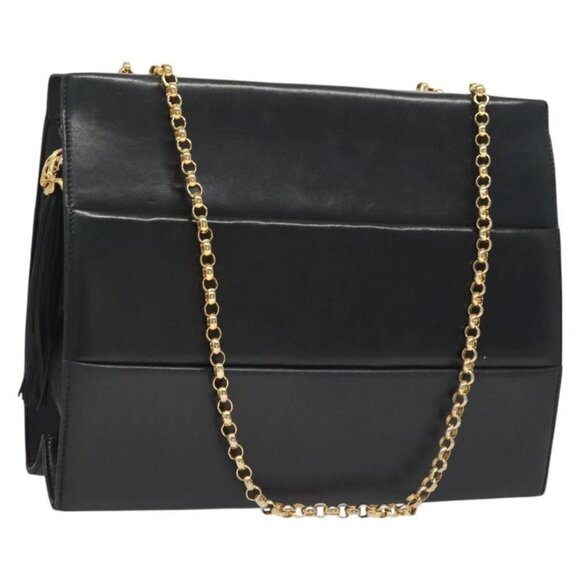 Salvatore Ferragamo Chain Shoulder Bag Leather Navy Gold Auth 131049 - Picture 1 of 16